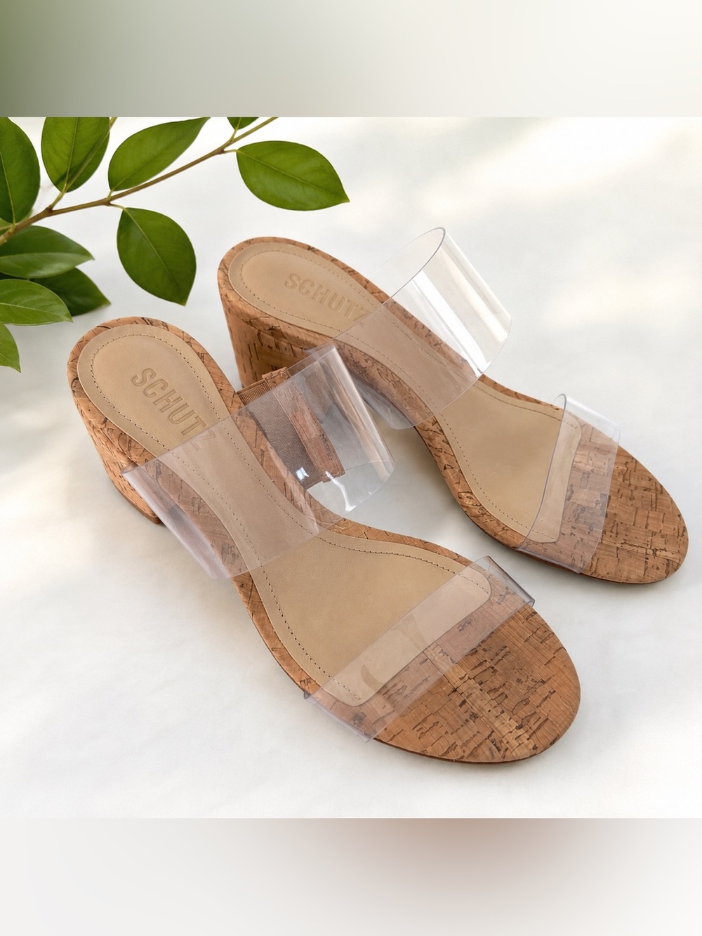 SCHUTZ Clear PVC Cork Block Heel Slide Sandals - Natural Cork